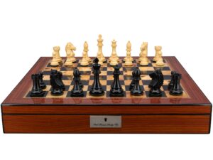 Dal Rossi Italy, Ebony Finish / Boxwood 95mm Wood Double Weighted on a Walnut Finish Shiny Chess Box with Compartments 20"