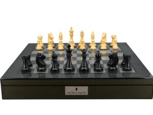 Dal Rossi Italy, Ebony Finish / Boxwood 95mm Wood Double Weighted on a Carbon Fibre Finish Shiny Chess Box with Compartments 20"