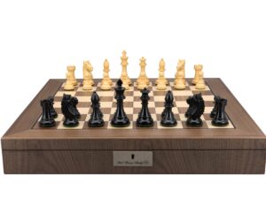 Dal Rossi Italy, Ebony Finish / Boxwood 95mm Wood Double Weighted on a Walnut Inlaid Chess Box with Compartments 20"