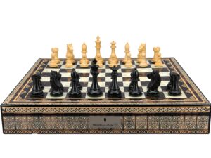 Dal Rossi Italy, Ebony Finish / Boxwood 95mm Wood Double Weighted on a Mosaic Finish Shiny Chess Box with Compartments 20"