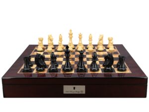 Dal Rossi Italy, Ebony Finish / Boxwood 95mm Wood Double Weighted on a Mahogany Finish Shiny Chess Box with Compartments 20"