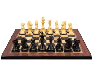 Dal Rossi Italy,  Ebony Finish / Boxwood 95mm Wood Double Weighted on a Walnut Shinny Finish, 40cm Chess Board