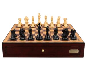Dal Rossi Italy, Ebony Finish / Boxwood 95mm Wood Double Weighted on a Shiny Mahogany Chess Box with two Drawers 18"