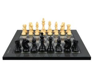 Dal Rossi Italy,  Ebony Finish / Boxwood 95mm Wood Double Weighted on a Carbon Fibre Shinny Finish, 40cm Chess Board