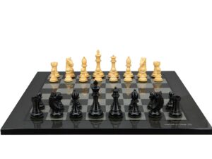 Dal Rossi Italy,  Ebony Finish / Boxwood 95mm Wood Double Weighted on a Carbon Fibre Shinny Finish, 50cm Chess Board
