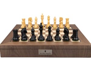 Dal Rossi Italy, Ebony Finish / Boxwood 95mm Wood Double Weighted on a Walnut Inlaid Chess Box with Compartments 20"