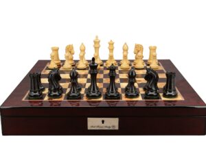 Dal Rossi Italy, Ebony Finish / Boxwood 105mm Wood Double Weighted on a Mahogany Finish Shiny Chess Box with Compartments 20"