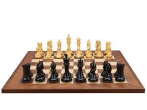 Dal Rossi Italy, Ebony Finish / Boxwood 105mm Wood Double Weighted on a Mahogany / Maple, 50cm Chess Board