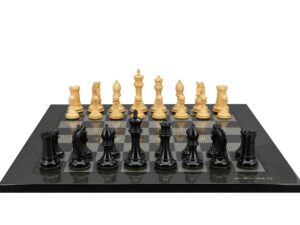 Dal Rossi Italy,  Ebony Finish / Boxwood 105mm Wood Double Weighted on a Carbon Fibre Shinny Finish, 50cm Chess Board