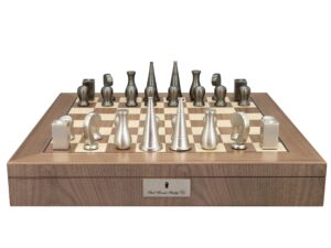 Dal Rossi Italy Metal Dark Titanium and Silver 90mm Chessmen on a Walnut Inlaid Chess Box with Compartments 20"