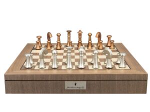 Dal Rossi Italy Metal Copper and Silver 80mm Chessmen on a Walnut Inlaid Chess Box with Compartments 20"