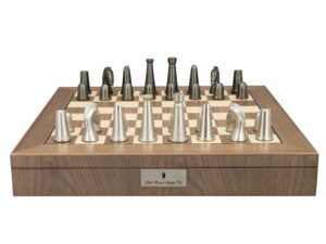 Dal Rossi Italy Metal Dark Titanium and Silver 85mm on a Walnut Inlaid Chess Box with Compartments 20"