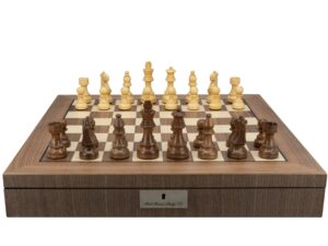 Dal Rossi Italy, Staunton Boxwood/Sheesham95mm Wood Double Weighted Chessmen on a Walnut Inlaid Chess Box with Compartments 20"