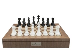 Dal Rossi Italy Black and White Weight  pieces110mm Chessmen on a Walnut Inlaid Chess Box with Compartments 20"