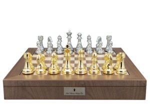 Dal Rossi Italy Gold and Silver Weighted Chess Pieces 110mm Chessmen on a Walnut Inlaid Chess Box with Compartments 20"