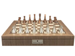 Dal Rossi Italy, Contemporary Metal Chessmen on a Walnut Inlaid Chess Box with Compartments 20"