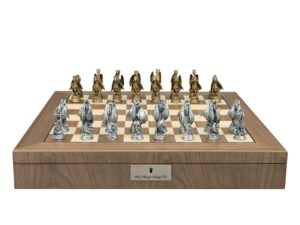 Dal Rossi Italy, Dragon, Pewter Chessmen on a Walnut Inlaid Chess Box with Compartments 20"