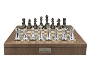 Dal Rossi Italy Silver and Black Weight  Chess pieces110mm Chessmen on a Walnut Inlaid Chess Box with Compartments 20"