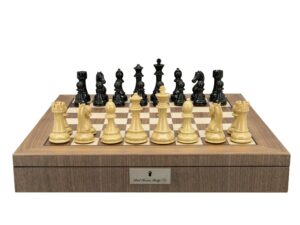 Dal Rossi Italy Black Ebony & Wood Grain Finish Weight  pieces110mm Chessmen on a Walnut Inlaid Chess Box with Compartments 20"