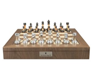 Dal Rossi Italy, Staunton Metal/Marble Finish Chessmen on a Walnut Inlaid Chess Box with Compartments 20"