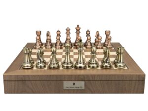 Dal Rossi Italy Bronze and Copper Weight  Chess pieces110mm Chessmen on a Walnut Inlaid Chess Box with Compartments 20"