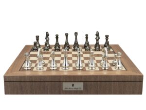 Dal Rossi Italy Metal Dark Titanium and Silver 85mm Chessmen on a Walnut Inlaid Chess Box with Compartments 20"