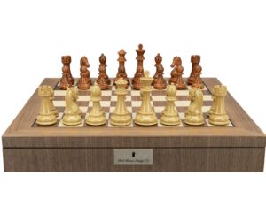 Dal Rossi Italy Brown and Box Wood Grain Finish 110mm Chessmen on a Walnut Inlaid Chess Box with Compartments 20"