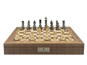 Dal Rossi Italy Metal Dark Titanium and Gold 110mm Chessmen on a Walnut Inlaid Chess Box with Compartments 20"
