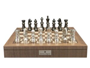 Dal Rossi Italy Metal Dark Titanium and Silver 115mm Chessmen on a Walnut Inlaid Chess Box with Compartments 20"