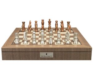 Dal Rossi Italy, Metal Copper and Silver Chessmen on a Walnut Inlaid Chess Box with Compartments 20"