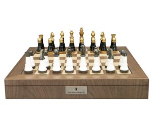 Dal Rossi Italy, Black and White with Gold and Gun Metal Tops and Bottoms Chessmen 110mm on a Walnut Inlaid Chess Box with Compartments 20"