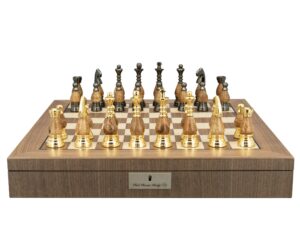 Dal Rossi Italy, Staunton Metal and  Wood Gold 100mm Chessmen on a Walnut Inlaid Chess Box with Compartments 20"