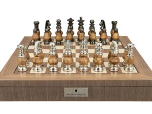 Dal Rossi Italy, Staunton Large Metal and Wood Chessmen on a Walnut Inlaid Chess Box with Compartments 20"
