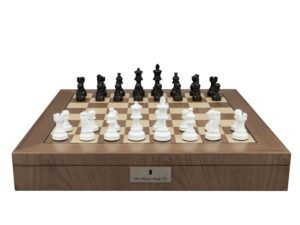 Dal Rossi Italy, Staunton Black and White Double Weighted Chessmen on a Walnut Inlaid Chess Box with Compartments 20"