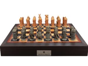 Dal Rossi Hand Paint - Australiana Chessmen on a Brown PU Leather Bevelled Edge chess box with compartments 18"