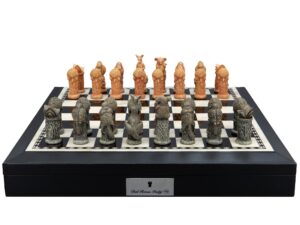 Dal Rossi Hand Paint - Australiana Chessmen on a Black PU Leather Bevelled Edge chess box with compartments 18"
