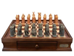Dal Rossi Hand Paint - Australiana Chessmen on a Walnut Inlaid Chess Box with Drawers 16"