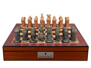 Dal Rossi Hand Paint - Australiana Chessmen on a Walnut Finish Shiny Chess Box with Compartments 16"