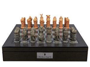 Dal Rossi Hand Paint - Australiana Chessmen on a Carbon Fibre Finish Shiny Chess Box with Compartments 16"