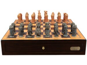 Dal Rossi Hand Paint - Australiana Chessmen on a Shiny Walnut Chess Box with two Drawers 18"
