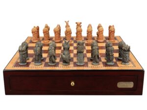 Dal Rossi Hand Paint - Australiana Chessmen on a Shiny Mahogany Chess Box with two Drawers 18"