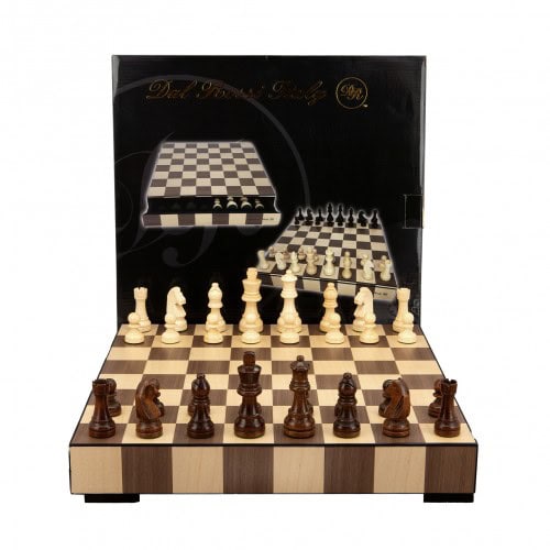 Dal Rossi Chess, Wooden Inlaid box, with drawer and chess pieces, 14"
