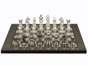 Dal Rossi Italy Chess Set on a 16″ Carbon Fibre Finish Board Black Nickel & Silver Chessmen 80mm
