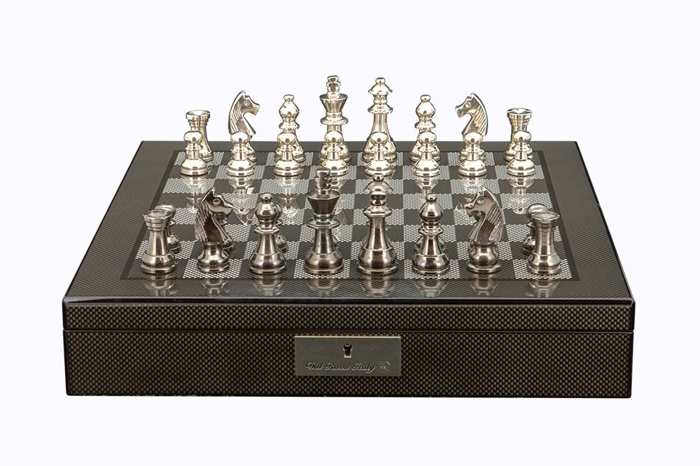 Dal Rossi Italy Chess Set on a 16″ Carbon Fibre Finish With Compartments Black Nickel & Silver Chessmen 80mm