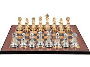 Dal Rossi Italy Modern Staunton Style Gold and Silver Chess Pieces on Shiny Walnut Finish Chess Board 40cm
