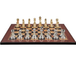 Dal Rossi Italy Modern Staunton Style Gold and Silver Chess Pieces on Shiny Walnut Finish Chess Board 50cm