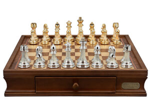 Dal Rossi Italy Chess Set with Walnut Finish Chess Box 16” with drawers and Modern Staunton Style Gold and Silver Chess Pieces