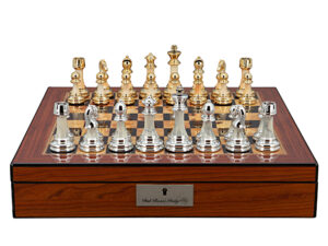Dal Rossi Italy Chess Set with Shiny Walnut Finish Chess Box 16” with compartments and Modern Staunton Style Gold and Silver Chess Pieces