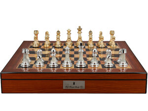 Dal Rossi Italy Chess Set with Shiny Walnut Finish Chess Box 20” with compartments and Modern Staunton Style Gold and Silver Chess Pieces