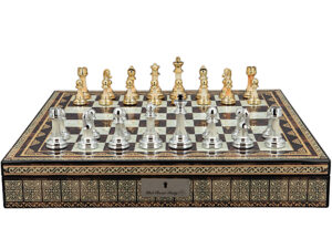 Dal Rossi Italy Chess Set with Mosaic Finish Chess Box 20” with compartments and Modern Staunton Style Gold and Silver Chess Pieces